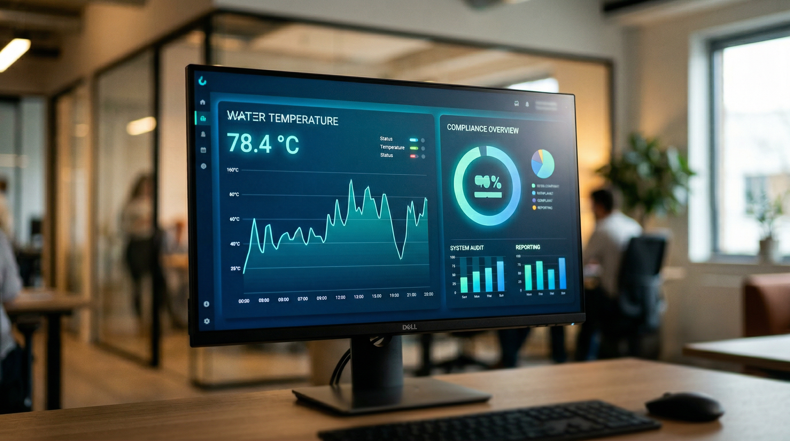 AquaWatch dashboard met temperatuurdata en compliance-overzicht