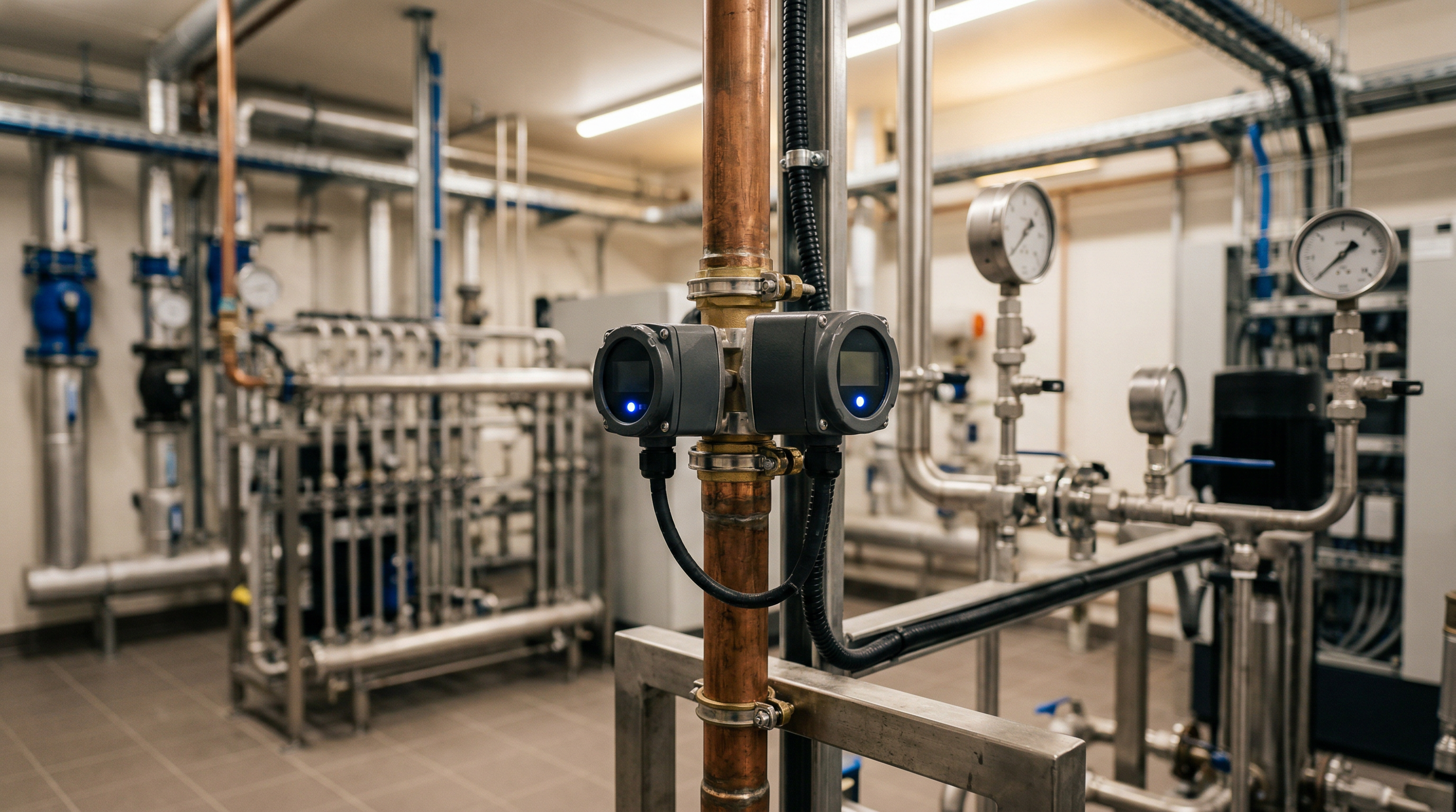 Waterkwaliteitsensor gemonteerd op een leiding in een technische ruimte